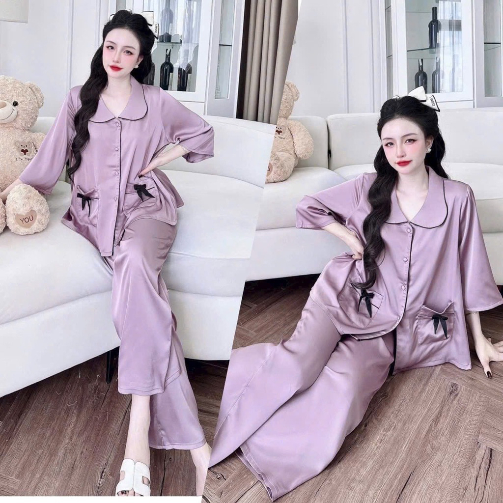 45-65kg bộ pijama viền nơ 2 túi tay loe lỡ lụa mịn latin