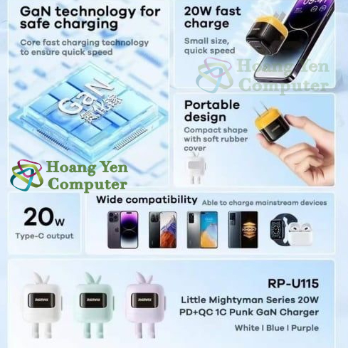 Cốc Sạc Nhanh Remax RP-U115 Kiểu Dáng Robot - GaN Charger 20W PC+QC - BH 12 Tháng - Hoàng Yến Computer