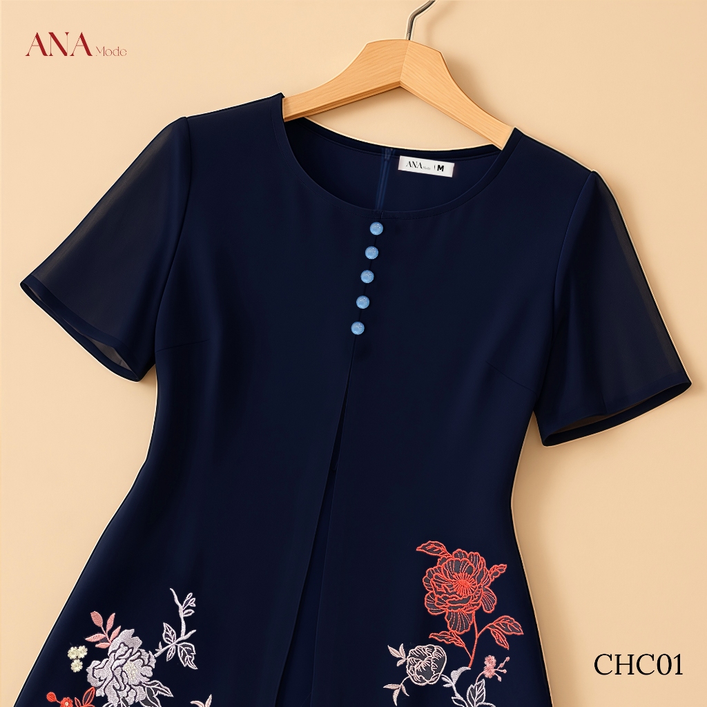 Đầm Thêu Hoa Trung Niên ANA Mode Chất Liệu Chiffon Phối Lụa Thanh Lịch Đi Tiệc Quà Tặng Mẹ DM25CHC01