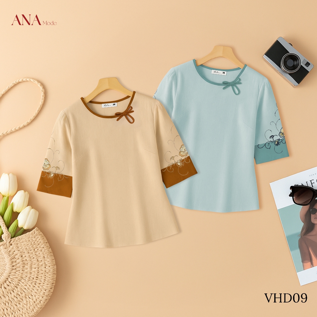 Áo Kiểu Thêu Hoa Trung Niên ANA Mode Chất Liệu Linen Thun Thanh Lịch Đi Chơi Quà Tặng Mẹ AK25VHD09
