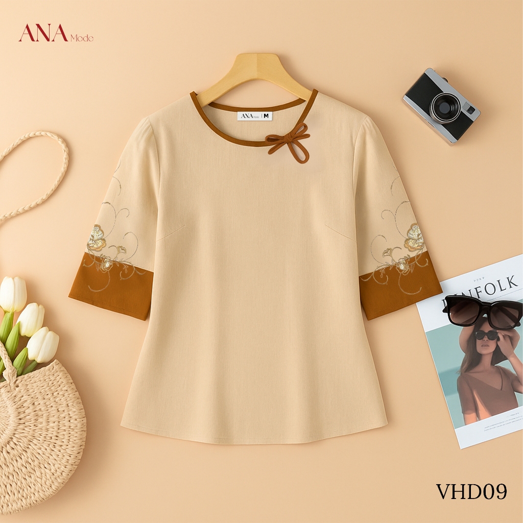 Áo Kiểu Thêu Hoa Trung Niên ANA Mode Chất Liệu Linen Thun Thanh Lịch Đi Chơi Quà Tặng Mẹ AK25VHD09