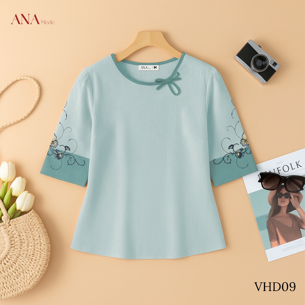 Áo Kiểu Thêu Hoa Trung Niên ANA Mode Chất Liệu Linen Thun Thanh Lịch Đi Chơi Quà Tặng Mẹ AK25VHD09
