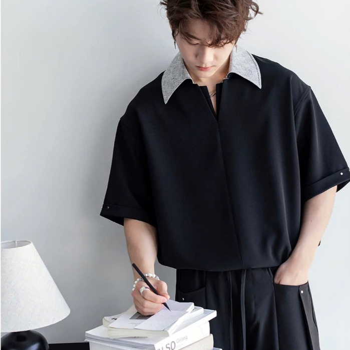 Áo Polo Nam Orven Form Rộng Cổ Phối Màu Xám ,Cotton Lạnh Cao Cấp, Thanh Lịch, Kháng Nhăn - SHINGHAI
