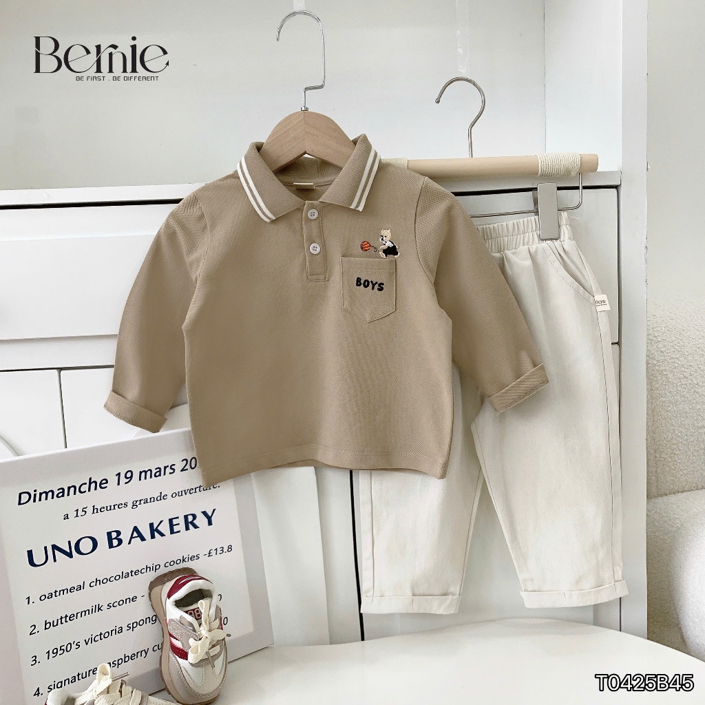 Bộ polo dài tay túi ngực phối quần kaki, set thu đông cổ đức thêu túi
