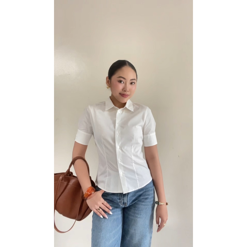 TheBlueTshirt - Áo sơ mi trắng phom ôm basic tay ngắn bảng măng sét to cho nữ - Upper Side Shirt - Women