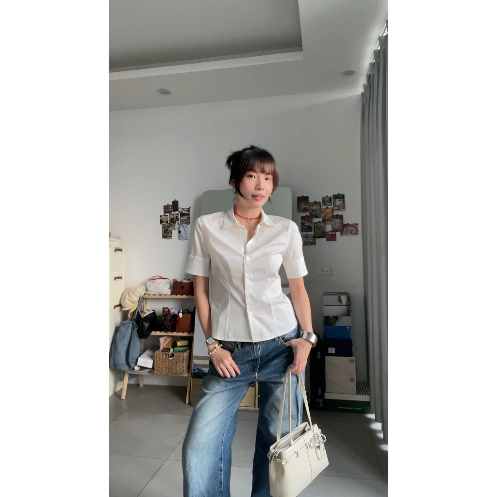 TheBlueTshirt - Áo sơ mi trắng phom ôm basic tay ngắn bảng măng sét to cho nữ - Upper Side Shirt - Women