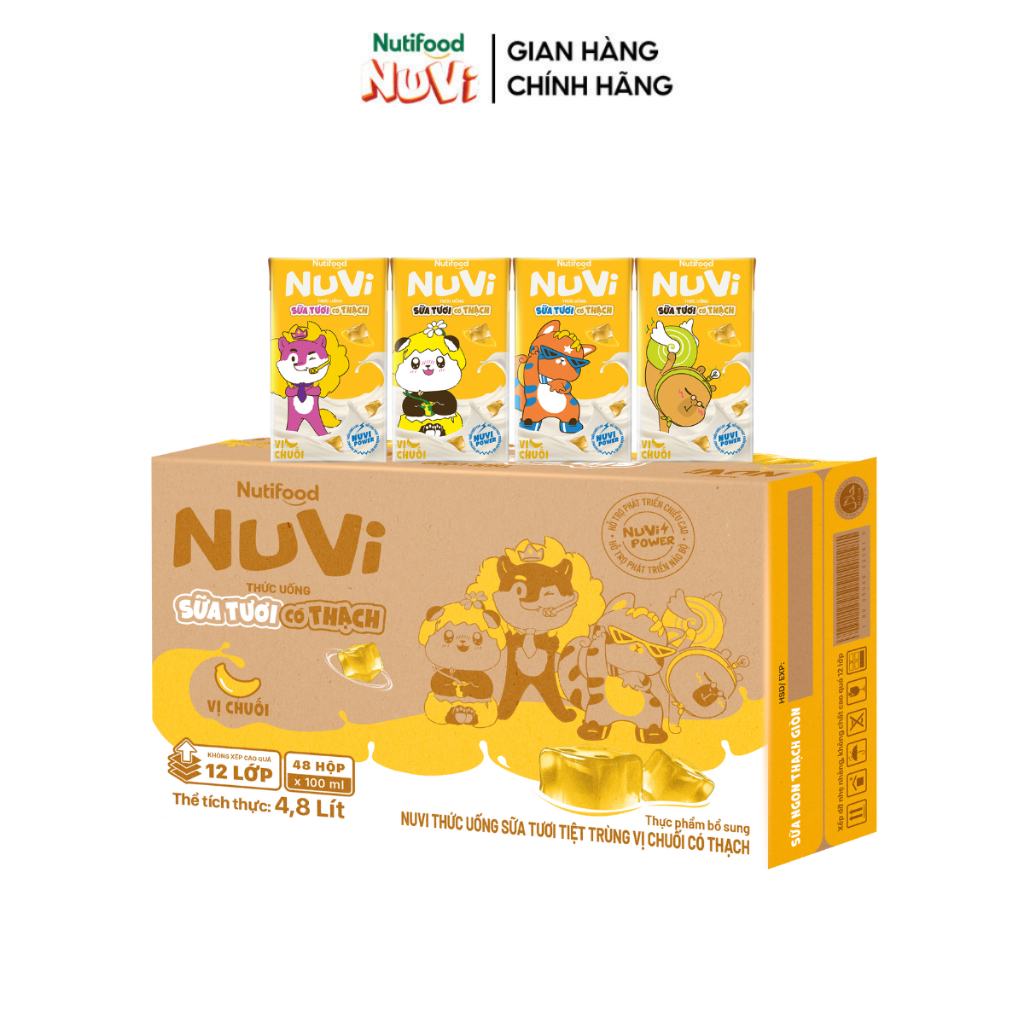 Thùng 48 Hộp NuVi Thức Uống Sữa Tươi Tiệt Trùng Vị Chuối Có Thạch 100 ml