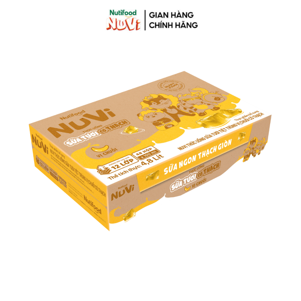 Thùng 48 Hộp NuVi Thức Uống Sữa Tươi Tiệt Trùng Vị Chuối Có Thạch 100 ml