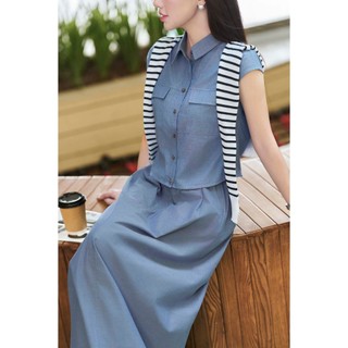 Áo Sơ Mi Nữ Cổ Đức Vai Chờm Phối Chân Váy Dài Dáng A Cạp Chun LAMER L61H25H084 L62R25Q016