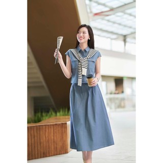 Áo Sơ Mi Nữ Cổ Đức Vai Chờm Phối Chân Váy Dài Dáng A Cạp Chun LAMER L61H25H084 L62R25Q016