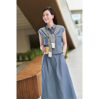 Áo Sơ Mi Nữ Cổ Đức Vai Chờm Phối Chân Váy Dài Dáng A Cạp Chun LAMER L61H25H084 L62R25Q016