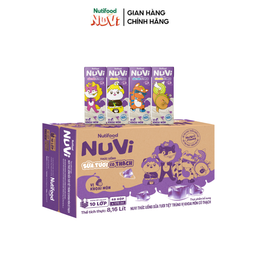 Thùng 48 Hộp NuVi Thức Uống Sữa Tươi Tiệt Trùng Vị Khoai Môn Có Thạch 170ml
