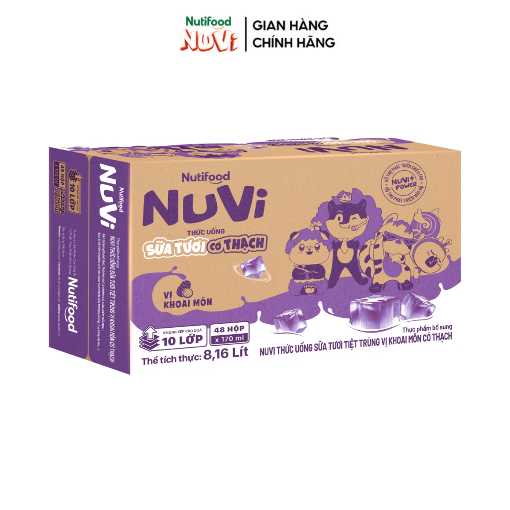 Thùng 48 Hộp NuVi Thức Uống Sữa Tươi Tiệt Trùng Vị Khoai Môn Có Thạch 170ml