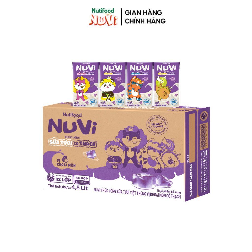 Thùng 48 Hộp NuVi Thức Uống Sữa Tươi Tiệt Trùng Vị Khoai Môn Có Thạch 100 ml