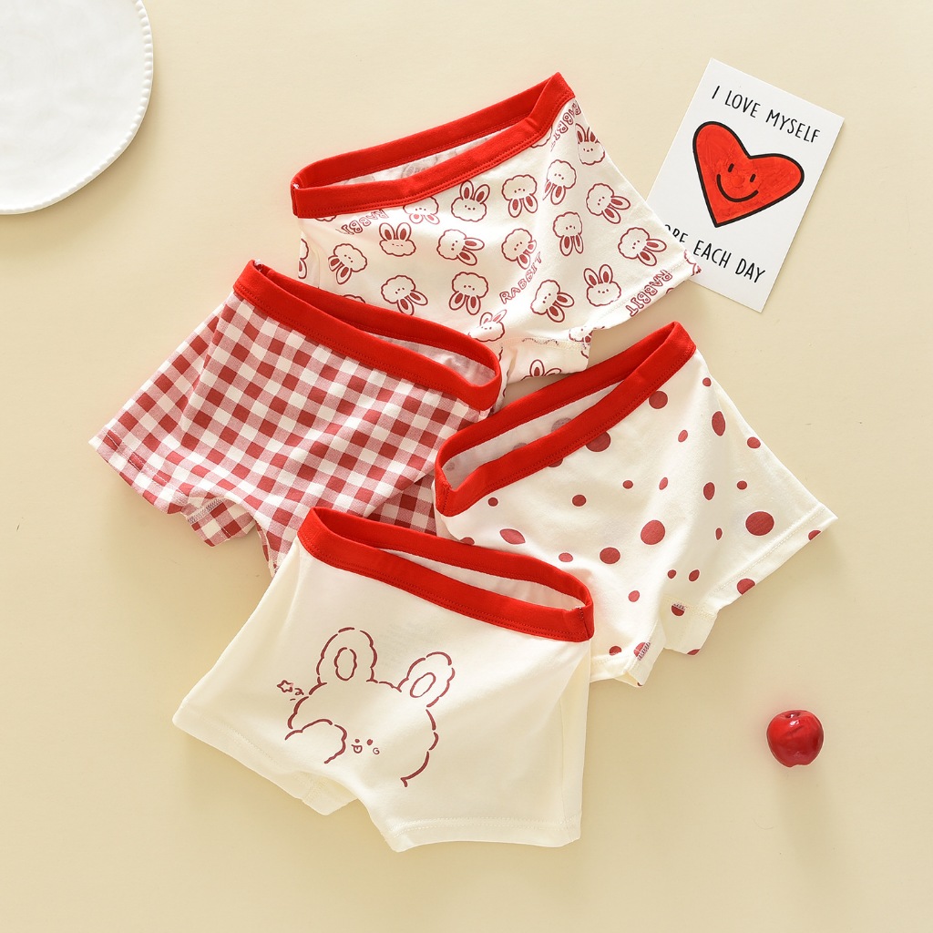 Set 4 Quần Lót Cho Bé Gái Loại A Chất Liệu Cotton Kháng Khuẩn Họa Tiết Màu Đỏ Dễ Thương Mềm Mại