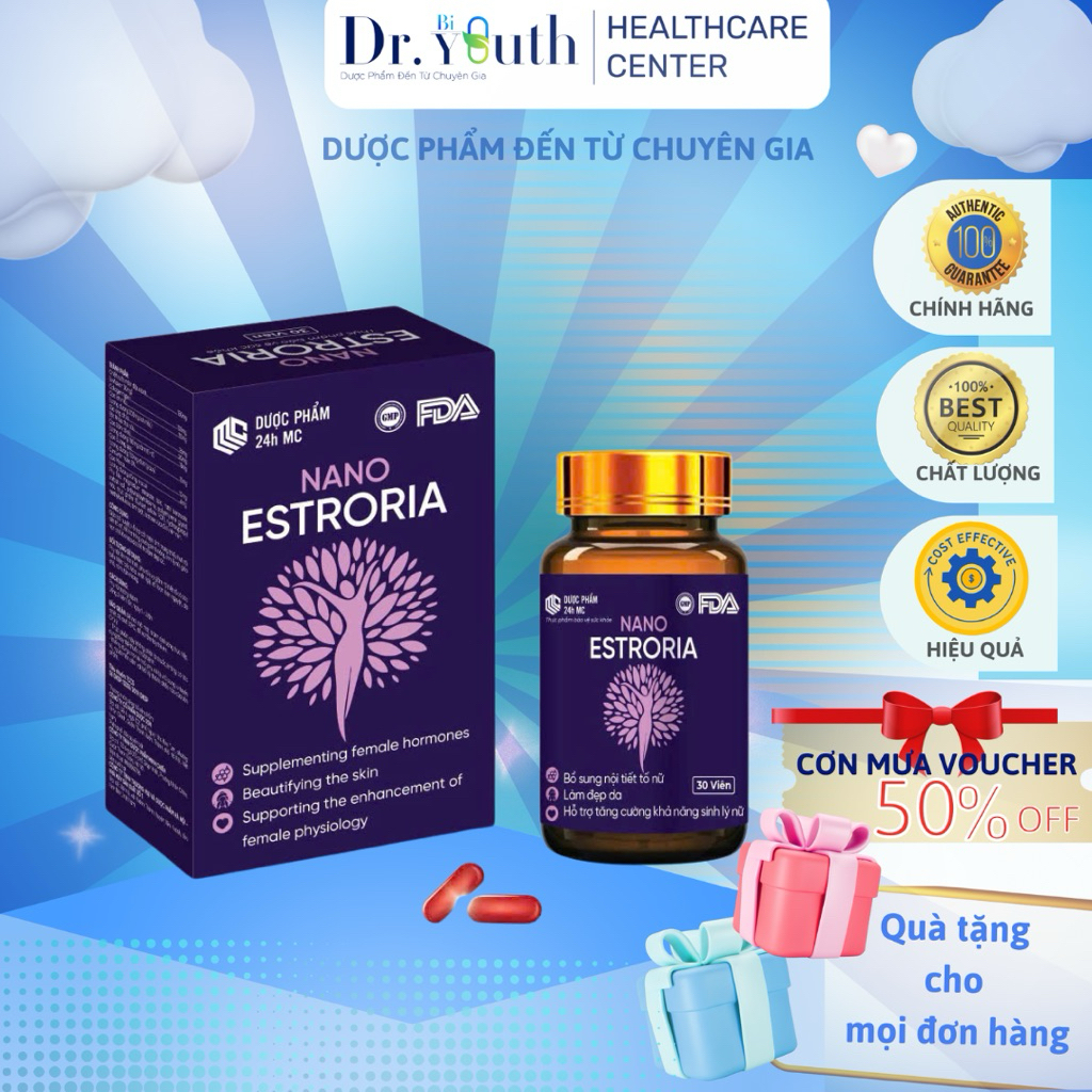 Viên LIỆU PHÁP NỘI TIẾT Nano Estroria , giúp bổ sung dưỡng chất cân bằng nội tiết, cải thiện làn da và hỗ trợ sinh lý