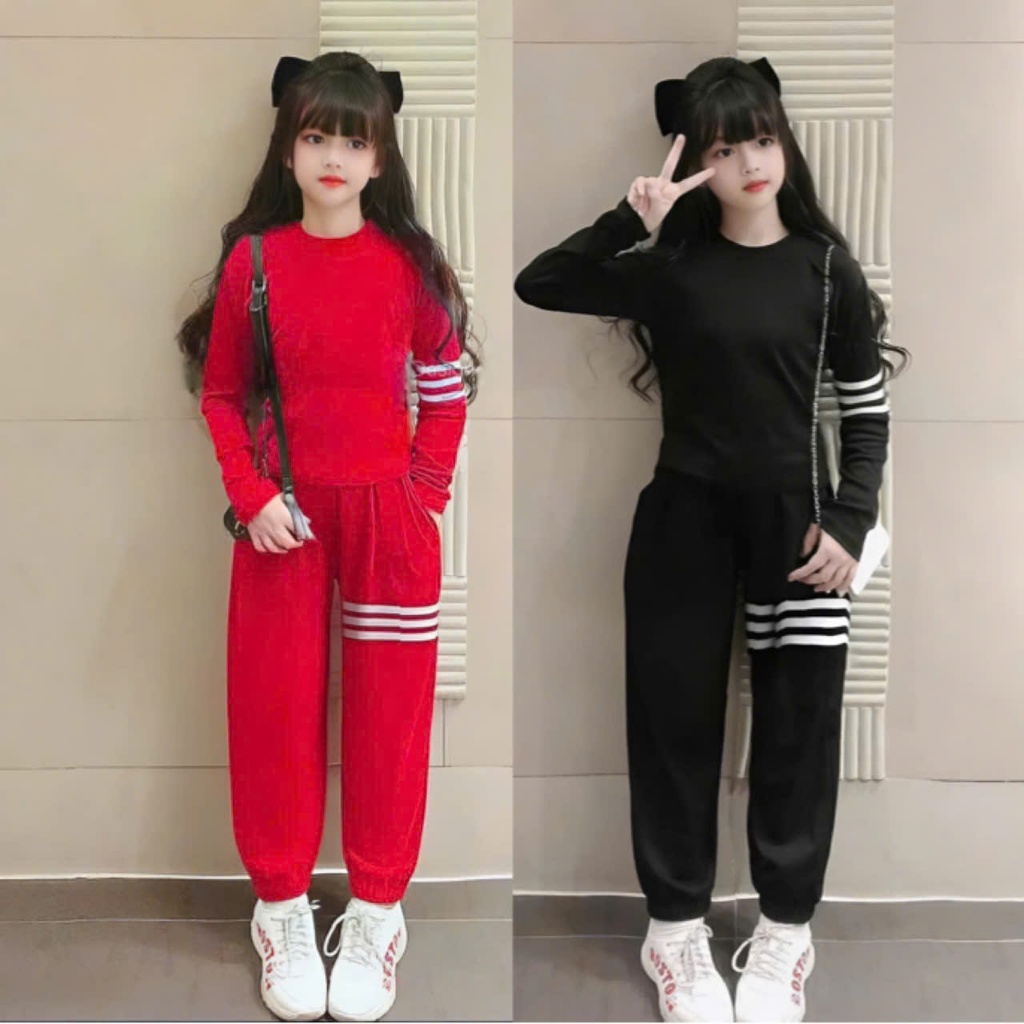 4-15 tuổi.Bộ thu đông dài tay bé gái phối 3 sọc trắng chất vải thun tăm mềm mịn mấm áp.M43