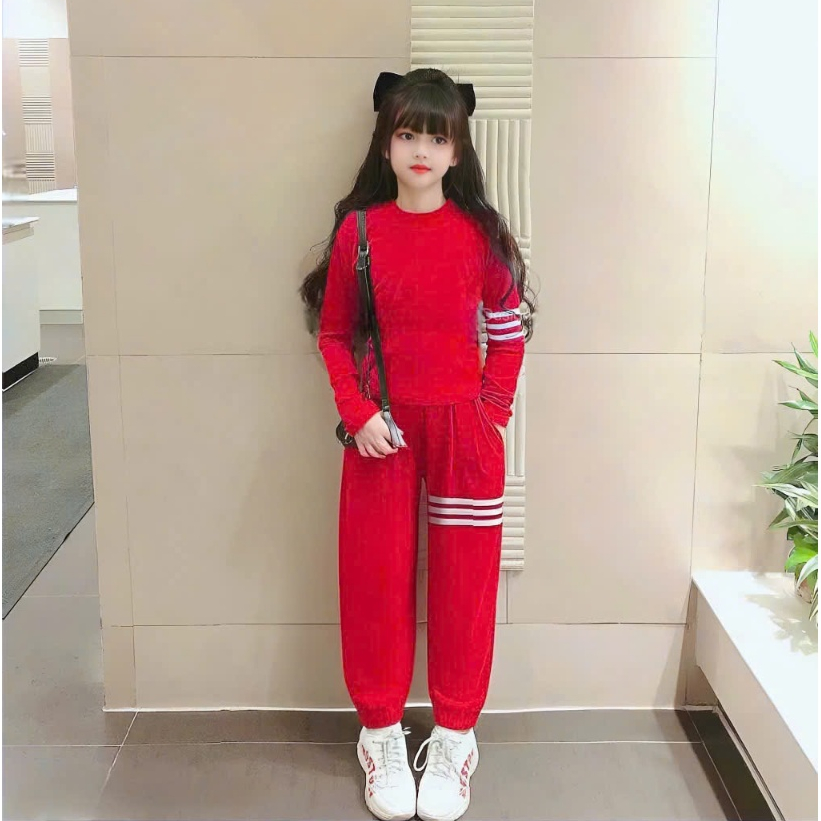 4-15 tuổi.Bộ thu đông dài tay bé gái phối 3 sọc trắng chất vải thun tăm mềm mịn mấm áp.M43
