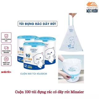 [Minaier] Cuộn 100 túi đựng rác có dây rút, tự hủy sinh học Minaier, size trung (50x45cm) - họa tiết hình gấu