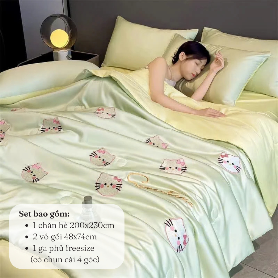 (ST727) Bộ Chăn Ga Gối Chất Liệu Phi Lụa Với Hình Thêu Nổi Bật Và Gam Màu Tươi Sáng - MemMinbedding Luxury