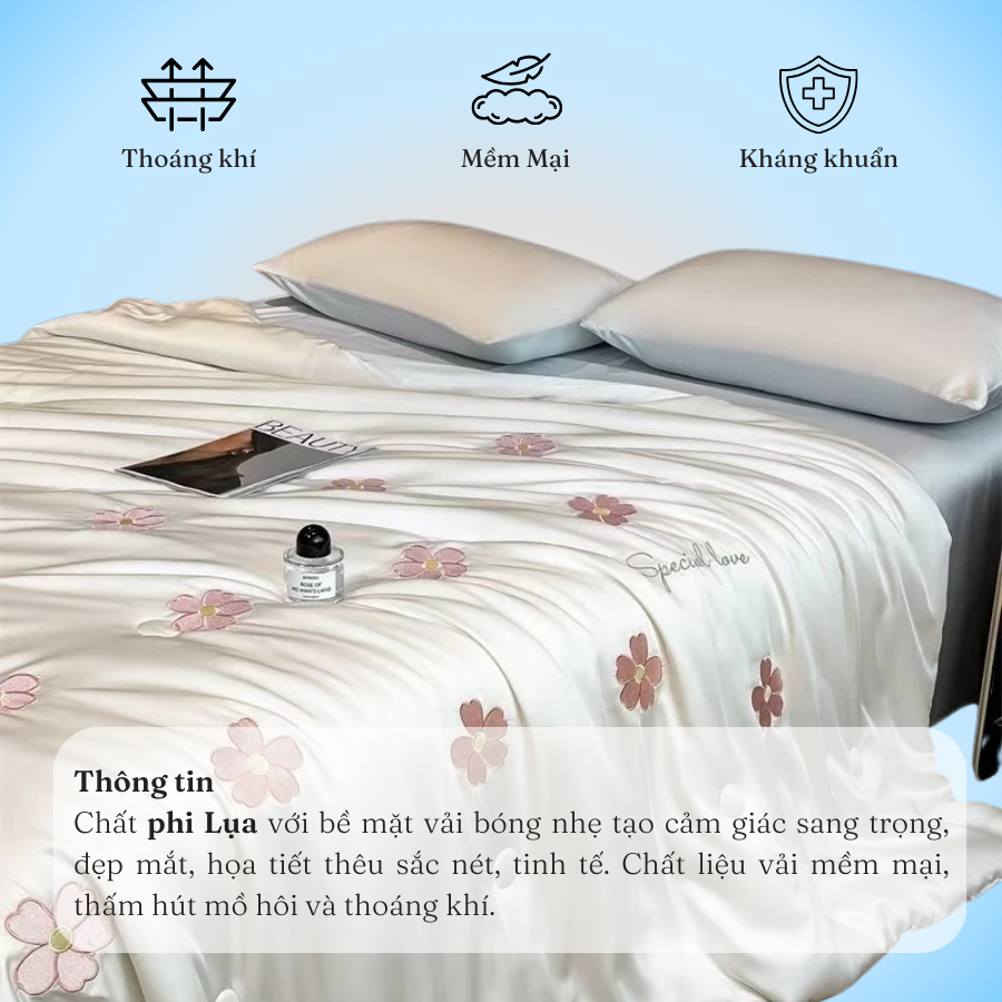 (ST727) Bộ Chăn Ga Gối Chất Liệu Phi Lụa Với Hình Thêu Nổi Bật Và Gam Màu Tươi Sáng - MemMinbedding Luxury