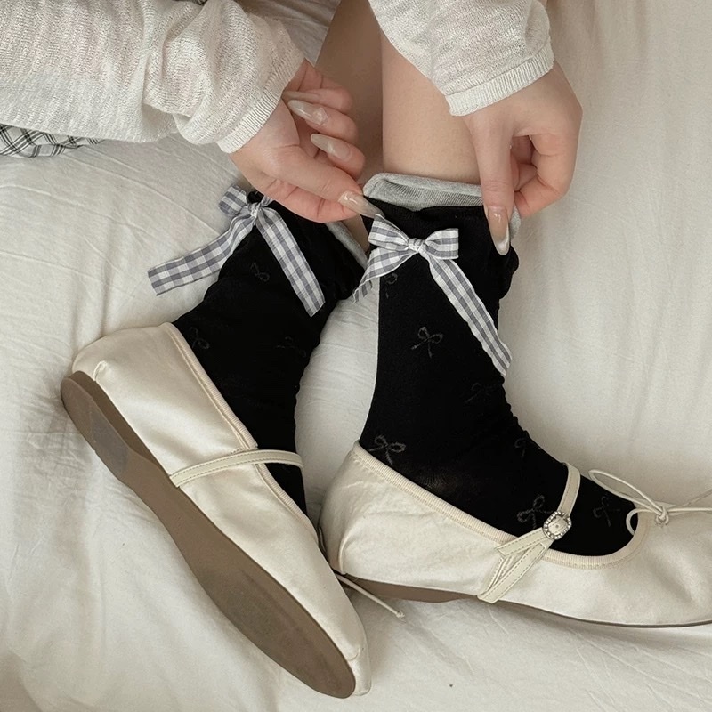 Tất nữ nơ ren dễ thương cổ ngắn caro nhiều màu (Trắng, Đen, Xám, Xanh) Dandal vớ nữ xinh đi học, đi chơi, dạo phố