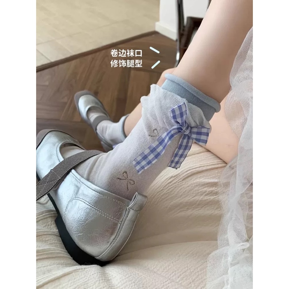 Tất nữ nơ ren dễ thương cổ ngắn caro nhiều màu (Trắng, Đen, Xám, Xanh) Dandal vớ nữ xinh đi học, đi chơi, dạo phố