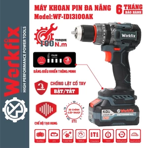 Máy khoan pin 13mm Workfix WF-ID13100AK lực siết 100Nm, Không Chổi Than, Đầu Kim Loại AutoLock