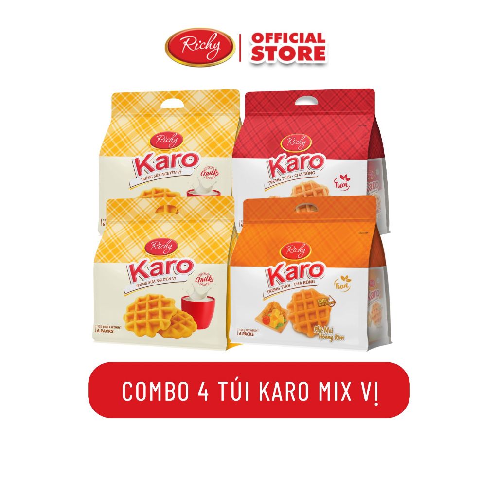 [TẶNG QUÀ ĐƠN TỪ 129K]  Combo 4 bịch bánh Karo chà bông sợi gà, Karo chà bông hoàng kim, HSD 45 ngày