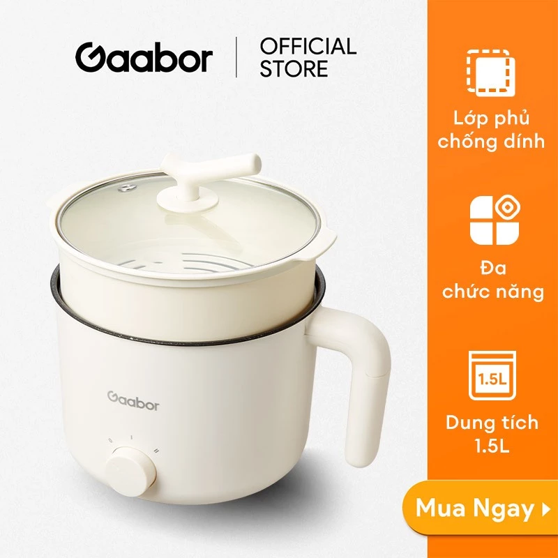 Nồi điện đa năng Gaabor GR N15A lẩu điện 1.5L chống dính công suất 600W ăn mì nấu lẩu kèm xửng hấp