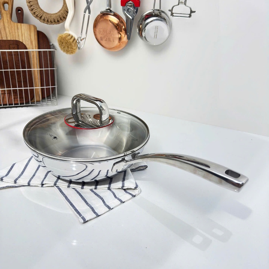 Chảo Sâu Lòng Oyatton Kèm Nắp Kính 24cm Quánh 24cm Inox 18/10 OYT178