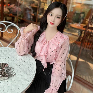 Áo sơ mi tơ 4 bèo buộc dây họa tiết tym A2717 Kymie