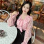 Áo sơ mi tơ 4 bèo buộc dây họa tiết tym A2717 Kymie