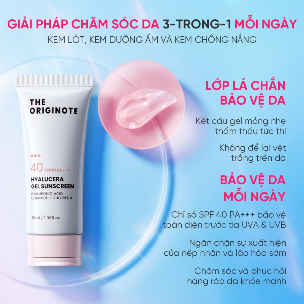 Kem Chống Nắng Hyalucera The Originote 3 in 1 Chống Nắng mặt Dưỡng Ẩm Kem Lót Sunscreen Gel SPF40 PA+++