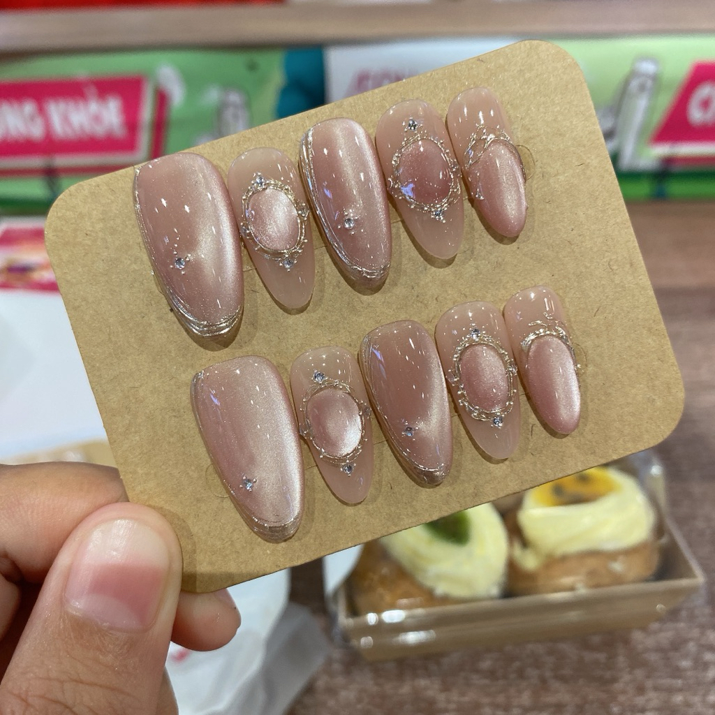 405. nailbox thạch mix mắt mèo hồng nude ánh trăng. viền tráng gương vàng