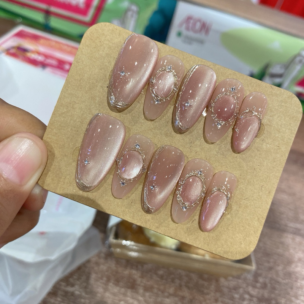 405. nailbox thạch mix mắt mèo hồng nude ánh trăng. viền tráng gương vàng