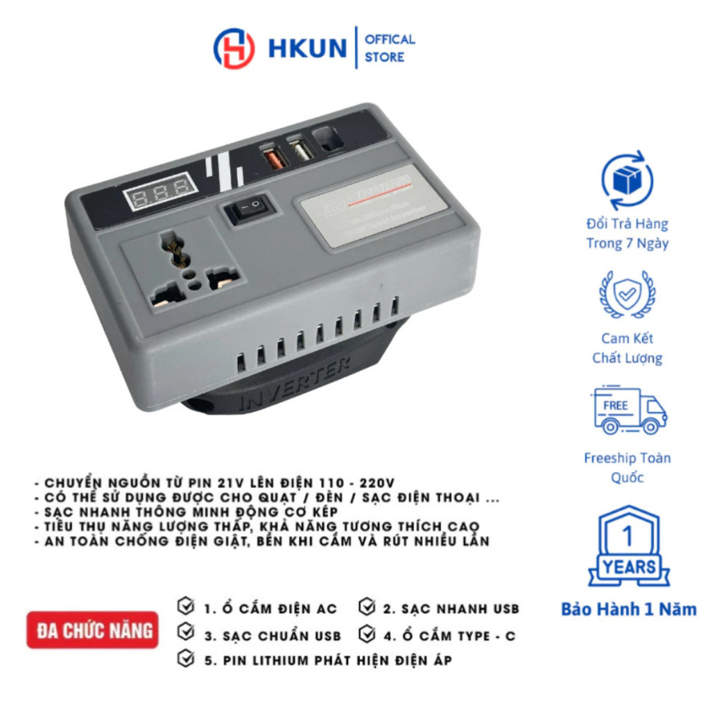 Đế Chuyển Đổi Nguồn Pin Sang Điện DRAMA - Chuyển Từ Pin 21v Lên 110 - 220v, Chân Phổ Thông 4cm