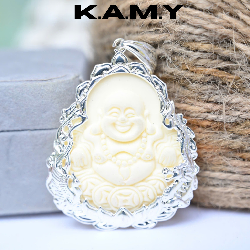 Mặt Dây Chuyền Hình Phật Di Lặc Cười – Viền Bạc Đá Trắng Ngà May Mắn | Trang Sức KAMY