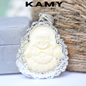 Mặt Dây Chuyền Hình Phật Di Lặc Cười – Viền Bạc Đá Trắng Ngà May Mắn | Trang Sức KAMY
