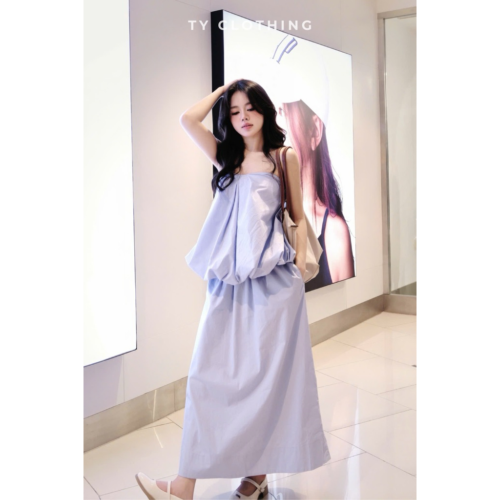 Set Áo Quây Phồng Cv Dài - Hàng Thiết Kế - Màu Trắng Tinh và Màu Xanh - TY CLOTHING