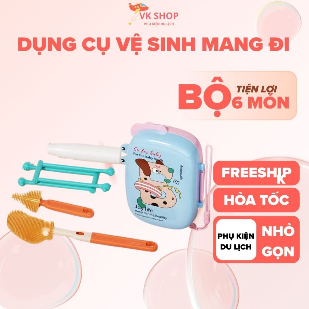 Bộ Cọ Rửa Bình Sữa 6 Món Có Hộp Đựng – Dễ Mang Đi Du Lịch, Vệ Sinh Bình Sữa Tiện Lợi