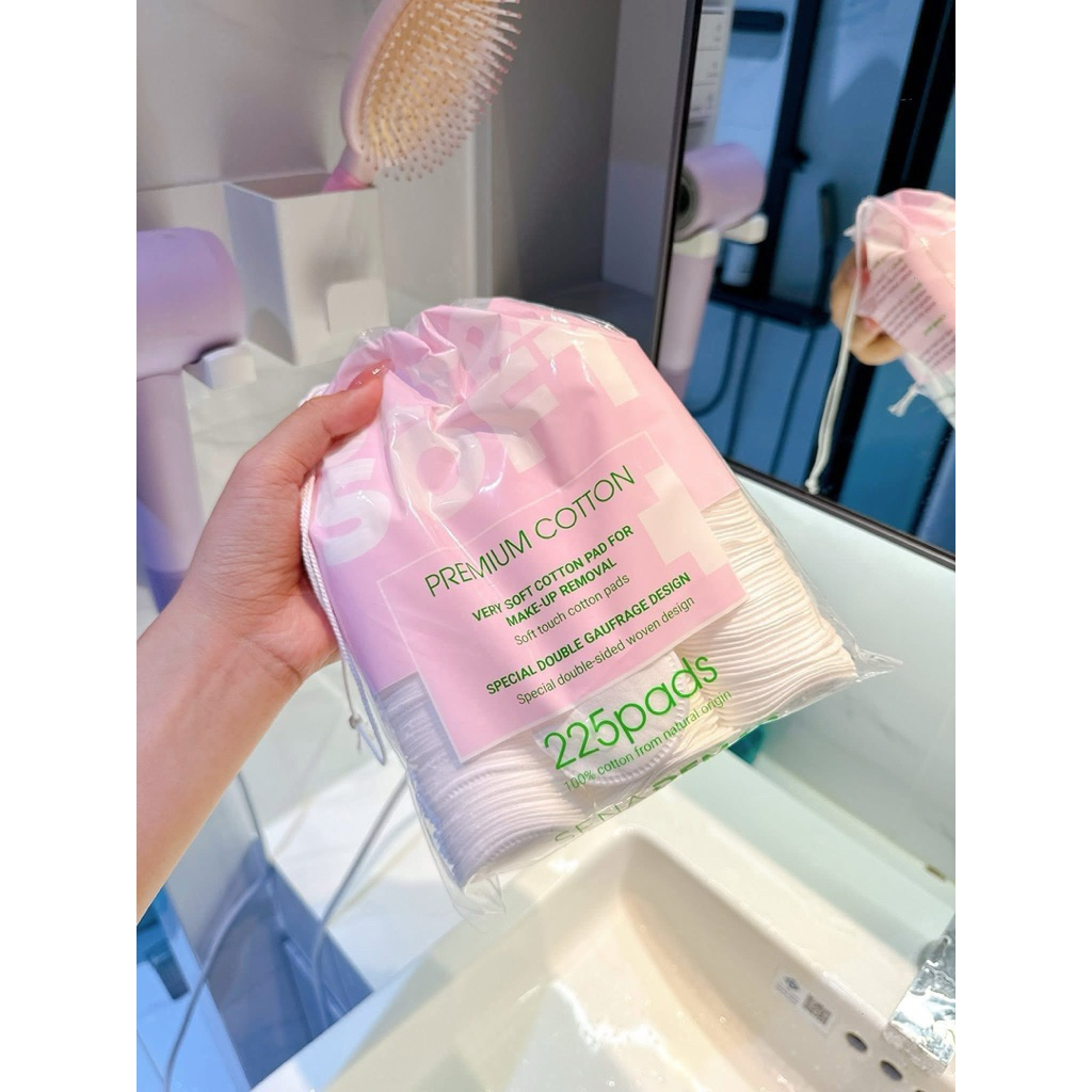 Bông tẩy trang senademar 100% sợi cotton tự nhên túi 225 miếng, thấm hút tốt,không bai xù