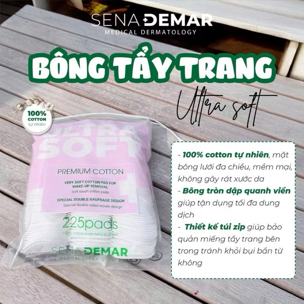 Bông tẩy trang senademar 100% sợi cotton tự nhên túi 225 miếng, thấm hút tốt,không bai xù