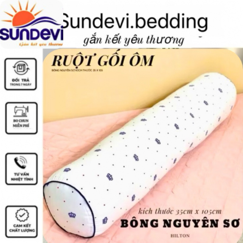 Ruột gối ôm SUNDEVI 35x105cm , bo tròn 2 đầu, bông nguyên sơ trắng tinh khiết, có khoá kéo