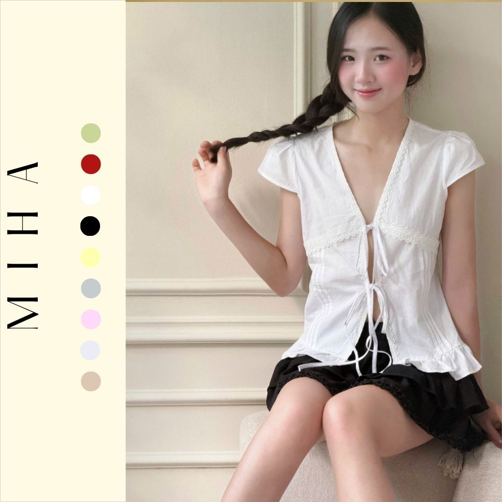 Áo kiểu xẻ dây buộc dáng vừa Miha Studio