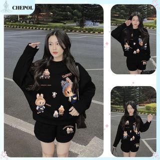 Set Bộ Nỉ Nữ Thu Đông CHEPOL In Labubu ( Áo Sweater Đen + Quần Đùi Đen ) Chất Nỉ Chân Cua Cao Cấp, Dày Dặn -CP_xx866