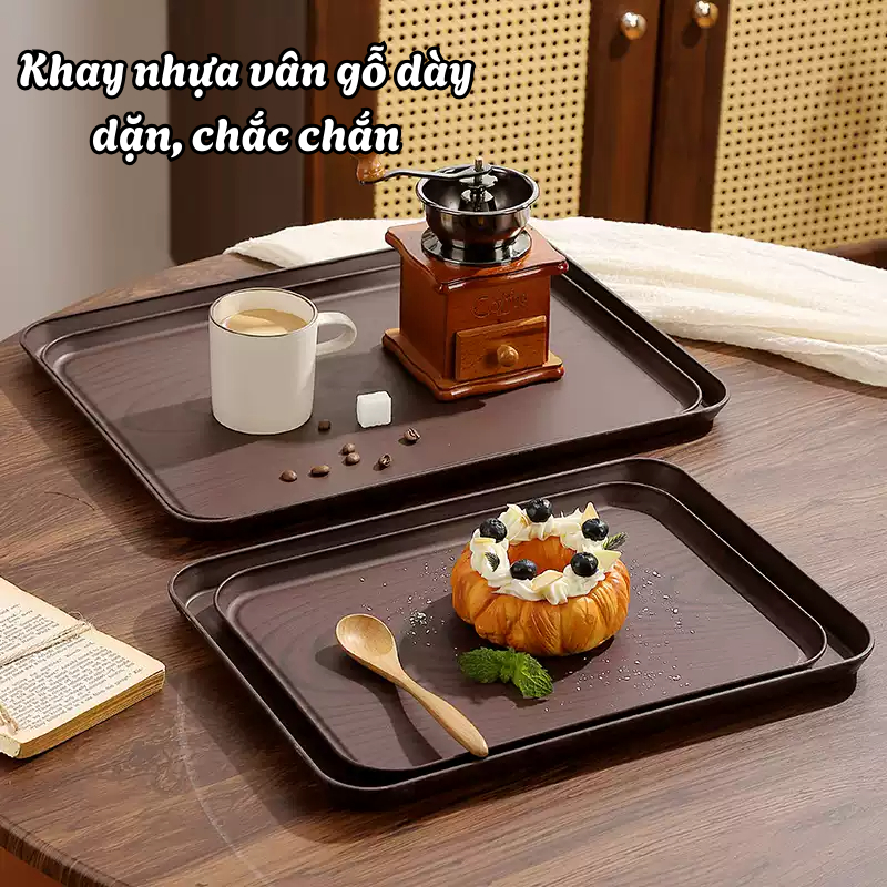 Khay nhựa vân gỗ decor phục vụ quán nhà hàng và decor chụp ảnh, khay phục vụ
