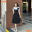 Đầm thiết kế BEMINE cổ V giả yếm đinh hoa nơ dáng chữ A phù hợp đi làm-MT10162