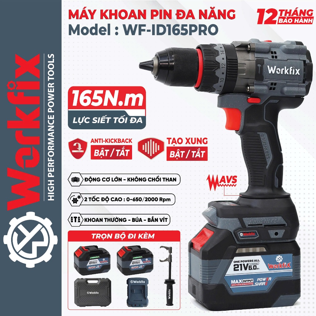 Máy khoan pin Workfix WF-ID165PRO,165Nm, Tạo xung - Tắt Bật Chống Lật ...