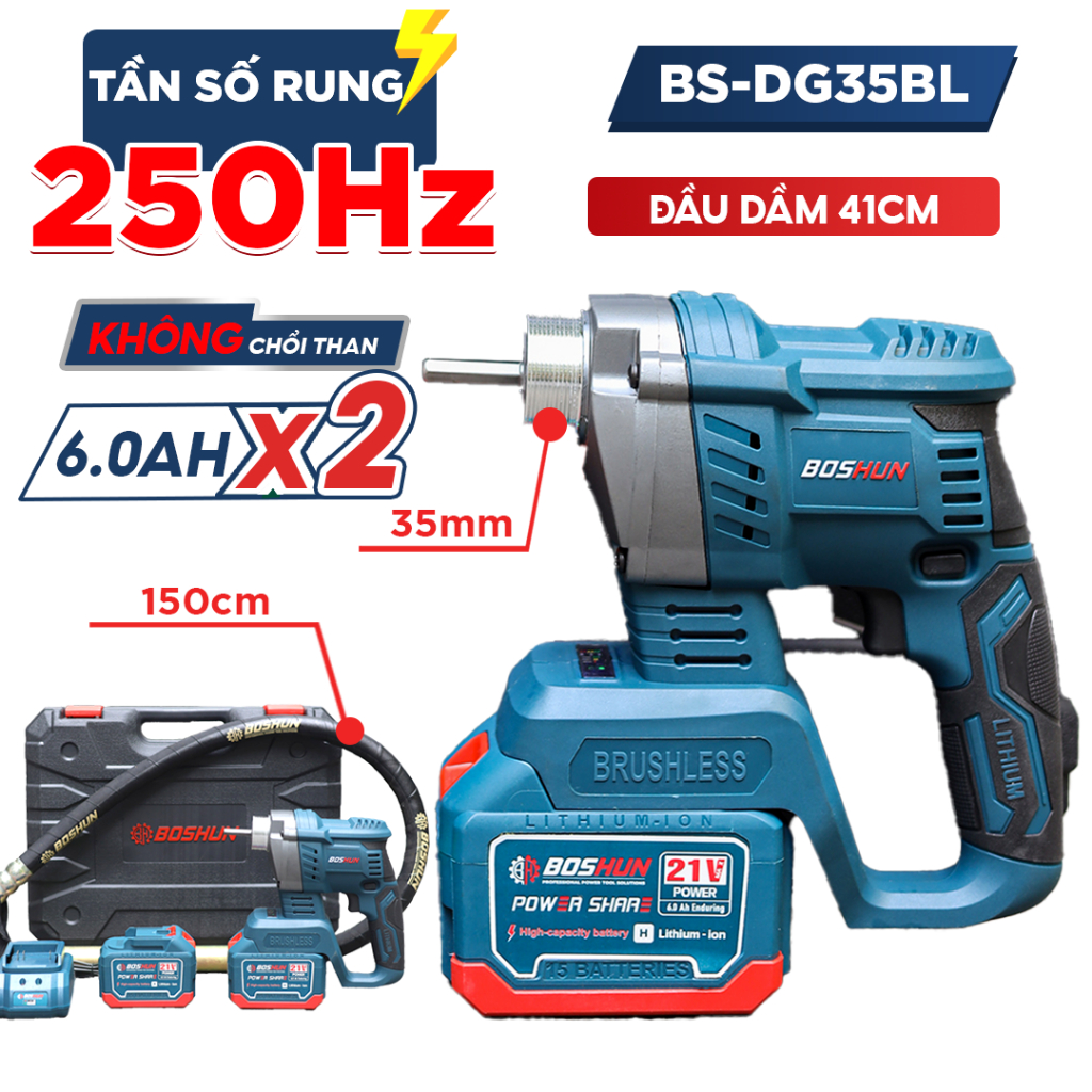 [CHÍNH HÃNG] Máy Đầm Dùi Bê Tông Pin Boshun BS-DG35BL - Chuyên Đầm Dùi, Nén Bê Tông, Bảo Hành Chính Hãng 12 Tháng